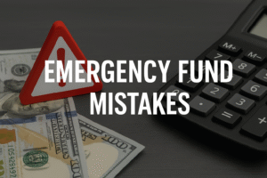 Emergency Fund Mistakes text over a realistic scene with U.S. hundred-dollar bills, a red warning sign, and a black calculator on a dark desk."